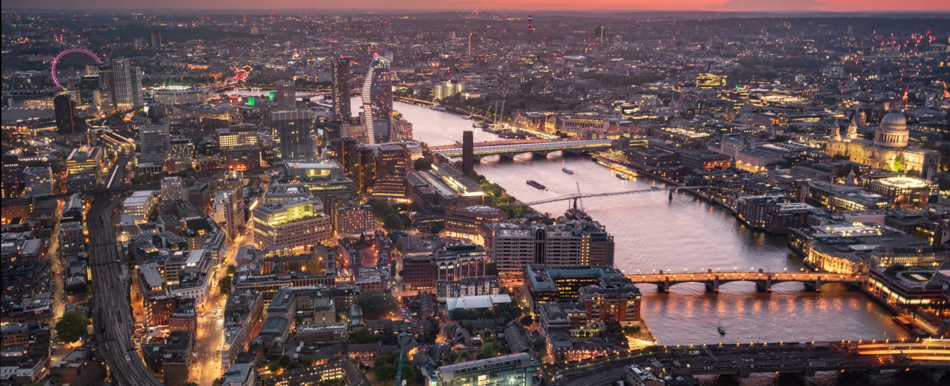 Aerial view of London skyline at sunset, United Kingdom .